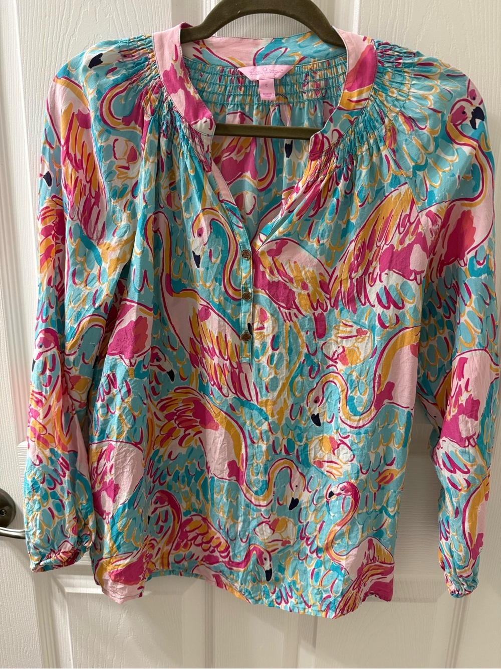 Lilly Pulitzer Flamingo-Print Silk Blouse in Pink & Turquoise